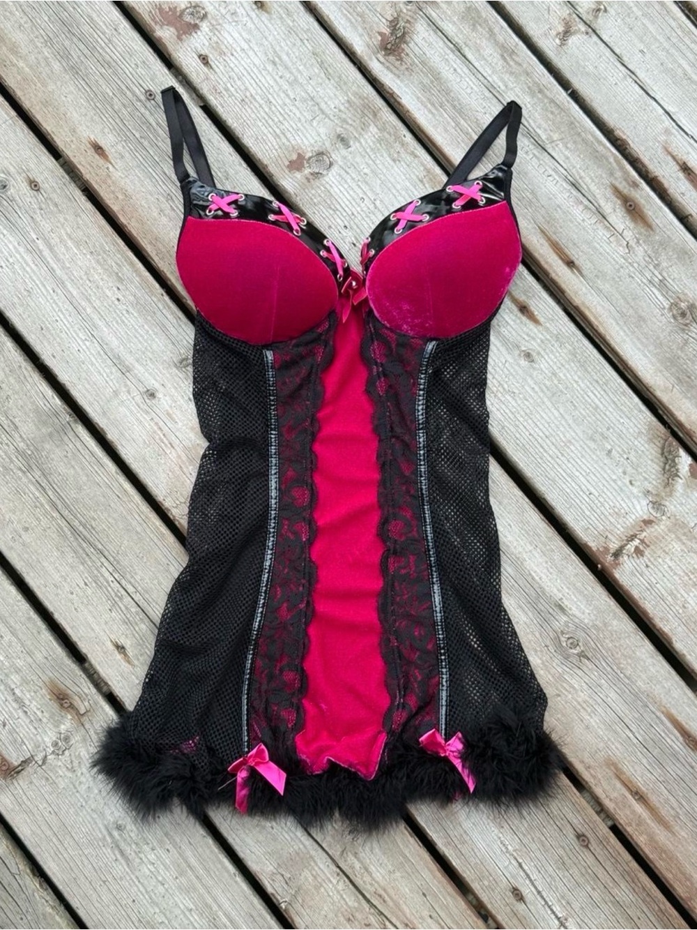 Y2K black / hot pink lace lingerie dress corset with bows and fur trim